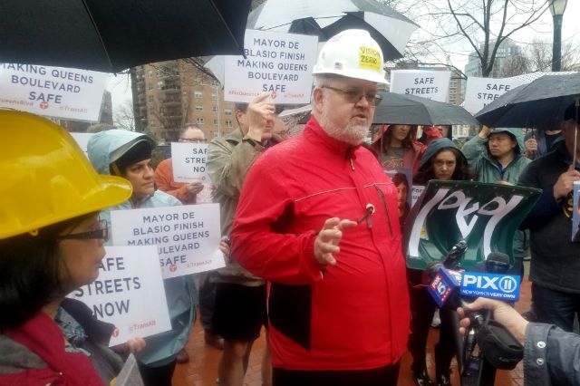 Transportation and safe streets advocate Peter Beadle speaking at Sunday's rally in Rego Park
